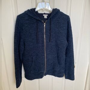 J.Crew Women Full Zip Cozy Hoodie Sweater Heather Navy Blue Cotton Blend M